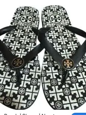 Tory Burch Black & White Logo Pattern Flip Flops